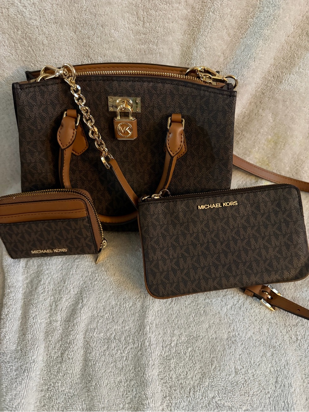 Michael Kors Brown Logo Satchel Set with Wallet and Card Pouch